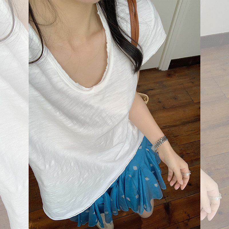 金苏一 泡泡竹节棉短袖t恤女2026夏季韩版宽松v领透气显瘦上衣潮