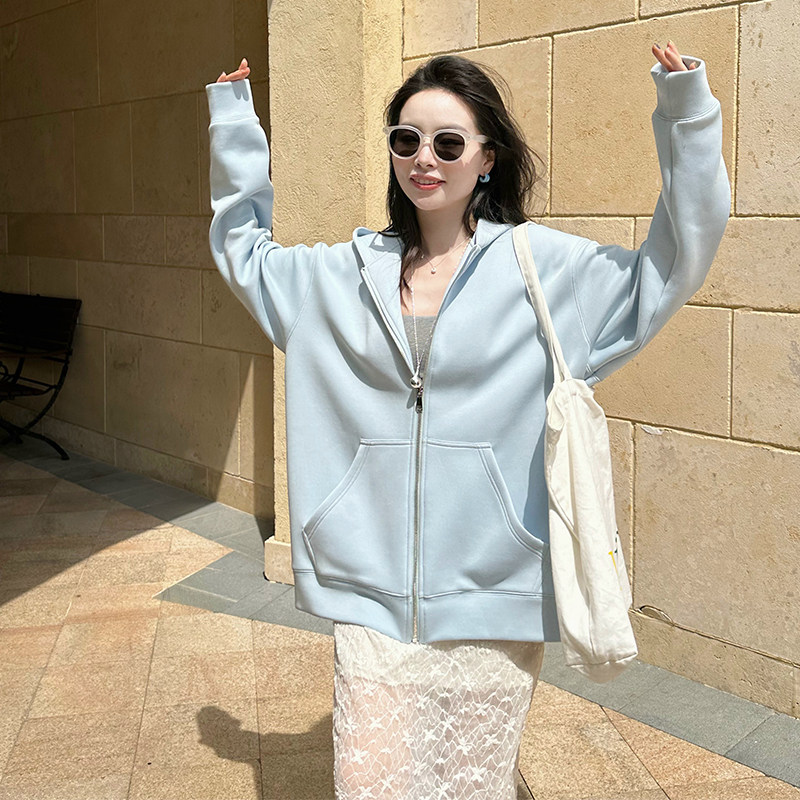 金苏一 蓝色连帽卫衣2026春秋韩版宽松休闲百搭帽衫chic纯色外套