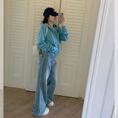 高腰显瘦微喇休闲裤 2026春夏韩版 子潮 浅蓝水洗口袋牛仔裤 金苏一