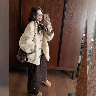 金苏一撞色毛毛外套女2025冬季 宽松休闲加厚皮毛一体麂皮棉衣 韩版