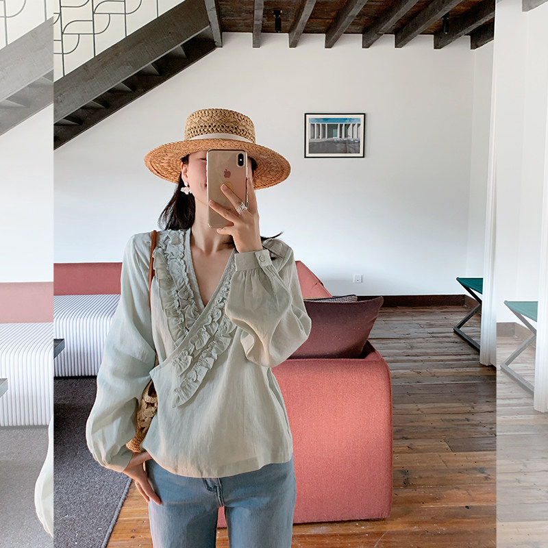 金苏一 木耳边v领亚麻衬衫2026春夏韩版系带薄款长袖防晒上衣潮