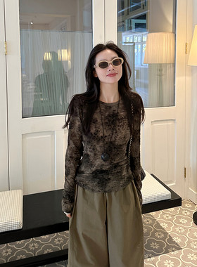 金苏一 晕染豹纹长袖T恤女2026春秋韩版收腰显瘦弹力打底衫上衣