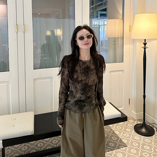 金苏一 晕染豹纹长袖T恤女2025秋季韩版收腰显瘦弹力打底衫上衣