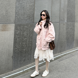 金苏一 重工酵洗粉色工装外套2025秋冬韩版宽松休闲机车夹克上衣