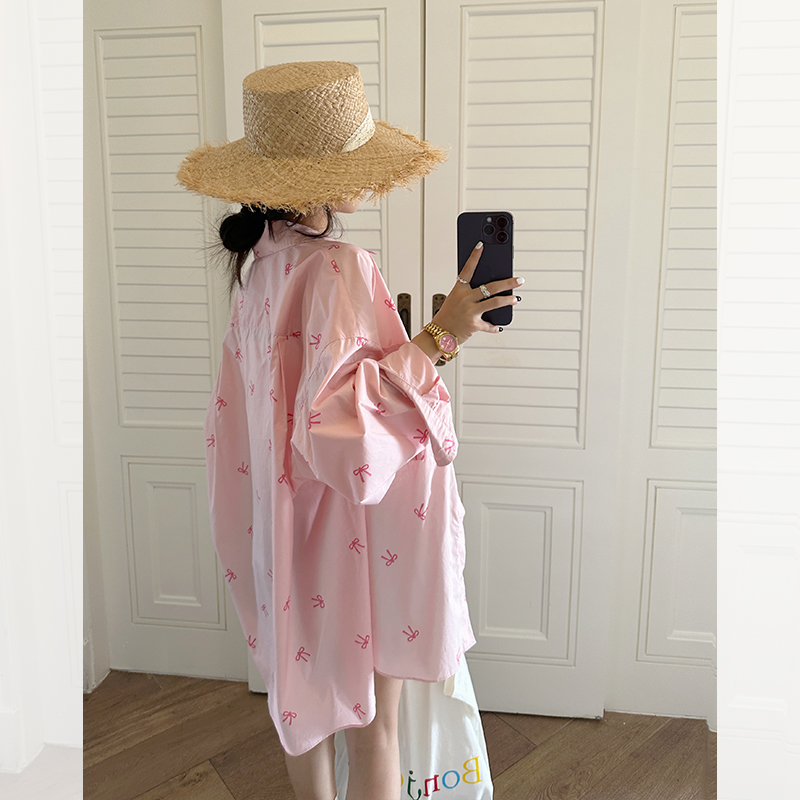 金苏一 粉色蝴蝶结印花衬衫女2025春夏休闲长袖防晒薄外套上衣潮