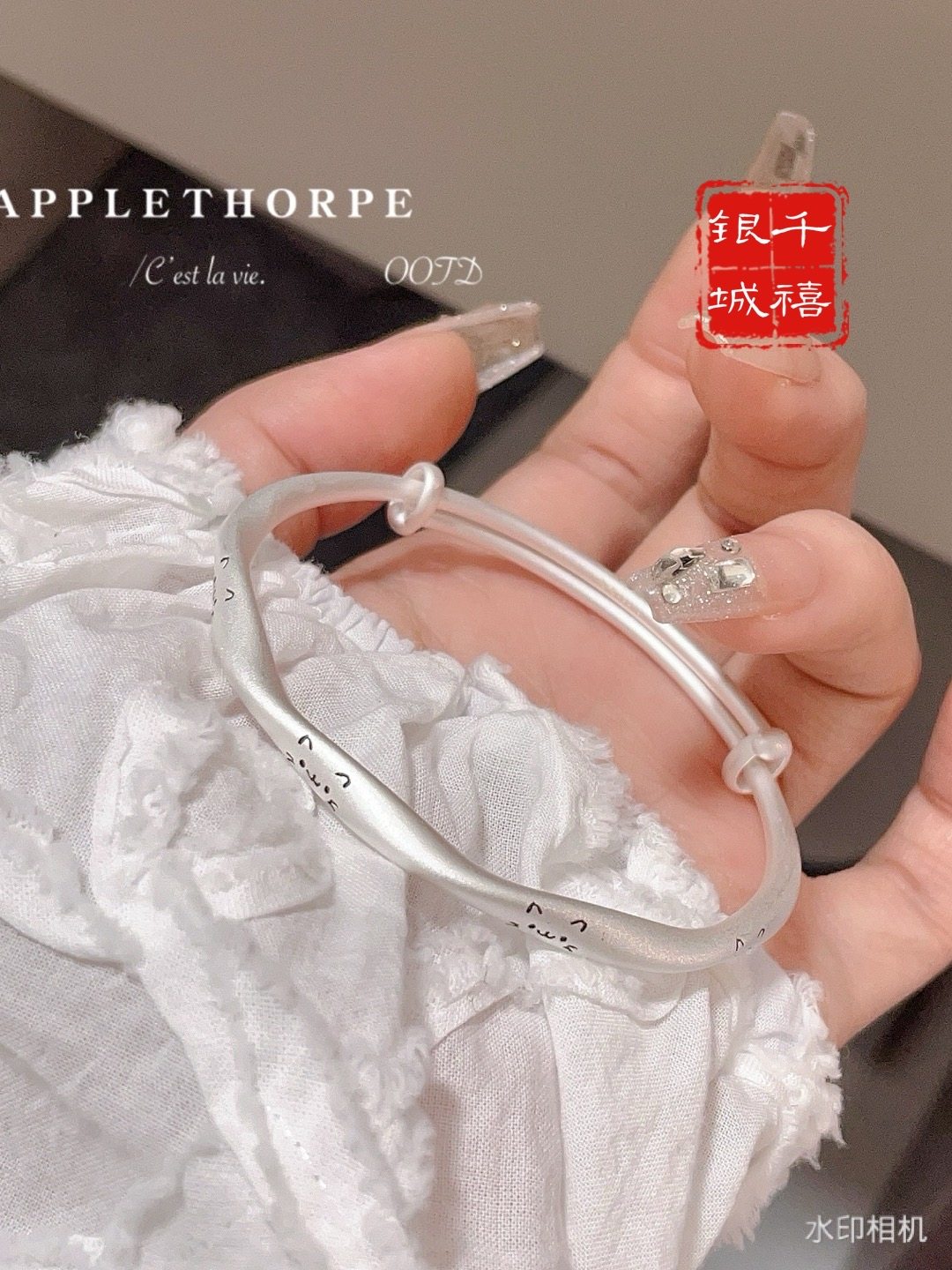 足银9999 拉丝古法莫比乌斯猫咪手镯纯银中童男女宝宝亲子款可爱