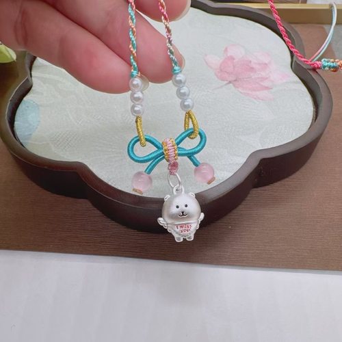 足银999 天使自嘲熊吊坠纯银可爱卡通手工编绳儿童节礼物送女友