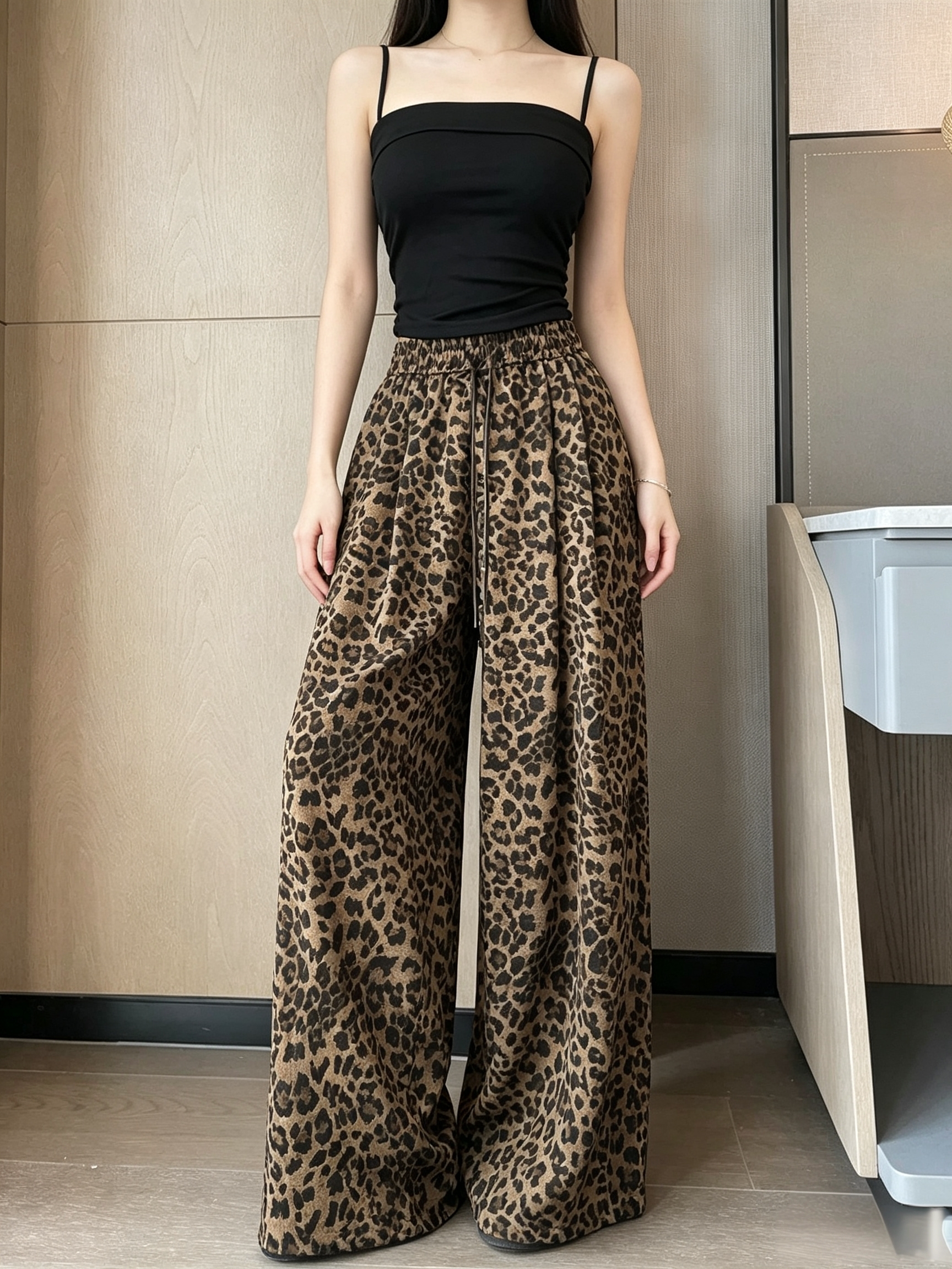 秋季性感美式黑上衣外套豹纹阔腿时尚套装
