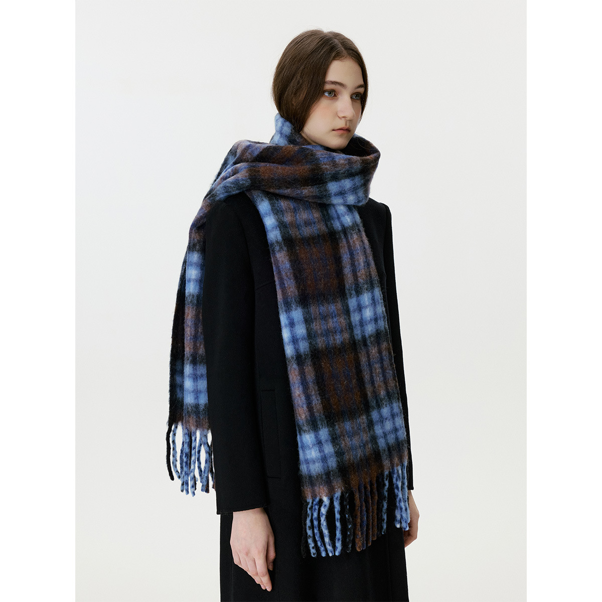 鹿森30%羊毛高品质蓝棕格围巾冬日手感围脖男女秋冬季保暖披肩