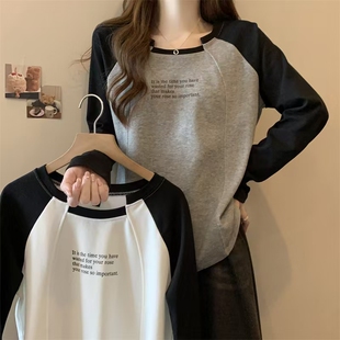 大码女胖mm插肩袖T恤春秋新款打底衫设计感小众显瘦遮肚长袖上衣