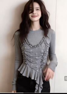 上衣9230 气质重工荷叶边拼接花边假两件冰袖 贵妃专属2026新款 时尚