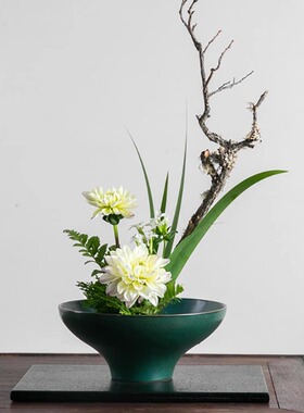陶瓷斗笠花盆绿色黑色高脚盘插花花器器皿日式中式剑山插花花盘