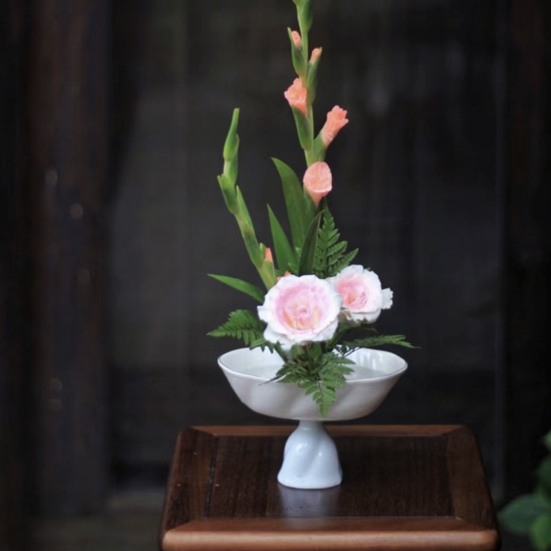 陶瓷花器小原流公主日式插花直立开放手工金边果盘型高脚花盆花盘