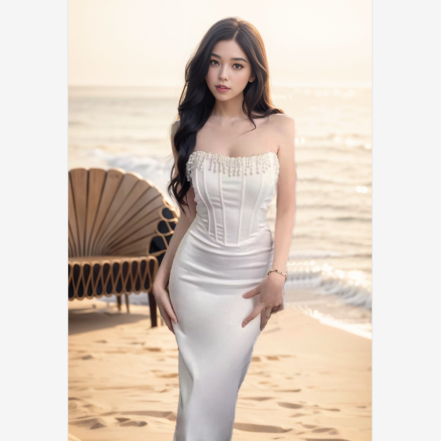 性感抹胸长裙串珠鱼骨腰绑带礼服