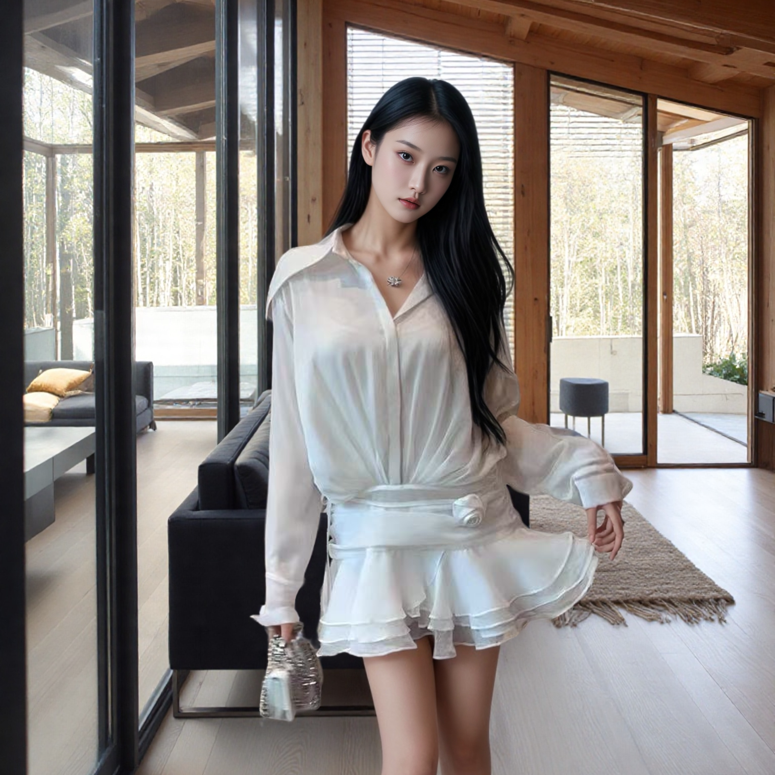 设计感纯欲风 新款白色衬衫连衣裙收腰绑带蛋糕裙短裙含吊带背心