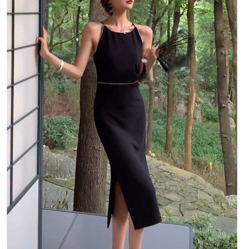 闪钻修身长裙一字领赫本风高级感