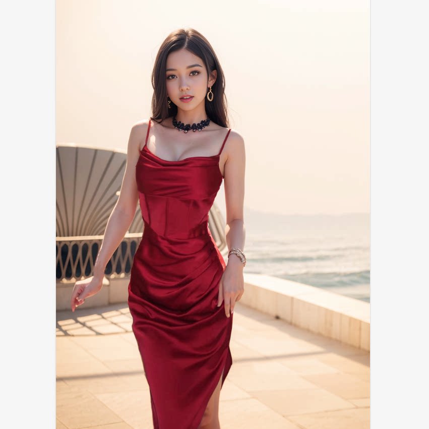 褶皱收腰吊带荡领鱼骨显瘦开叉缎面高级感连衣裙成人生日礼服长裙