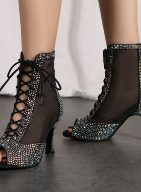 欧美拉丁舞鞋女高跟黑色软底降钻表演爵士舞靴子成人salsa舞蹈鞋