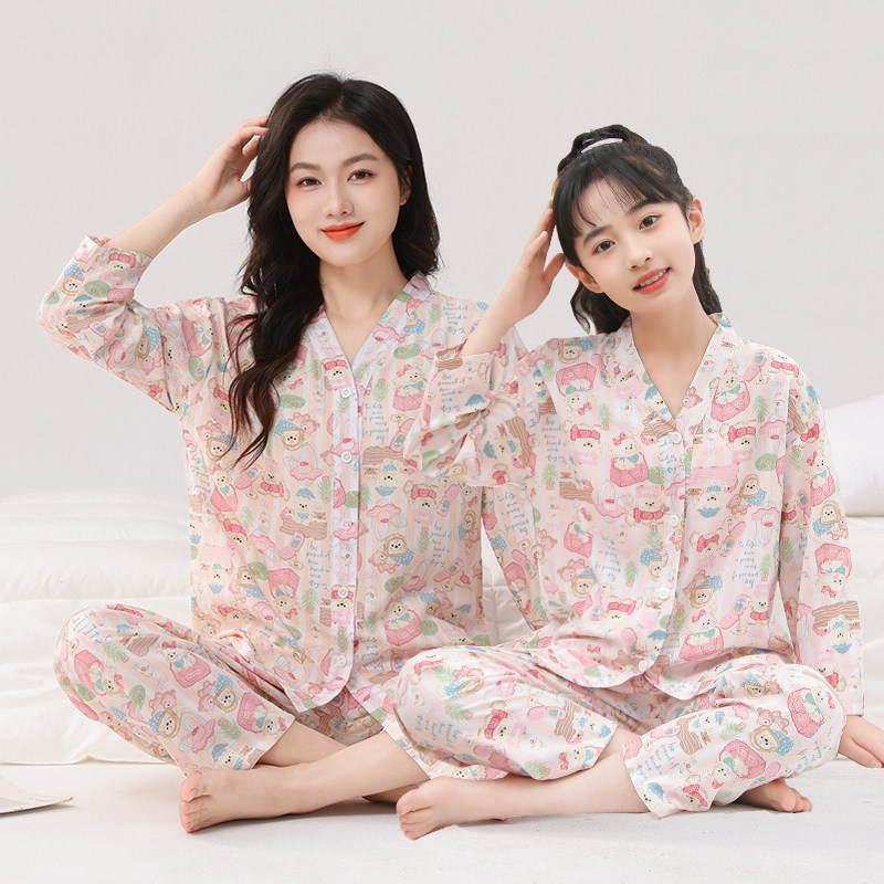 棉绸亲子装一家四口三口绵绸睡衣女童母子母女全家衣服家居空调服
