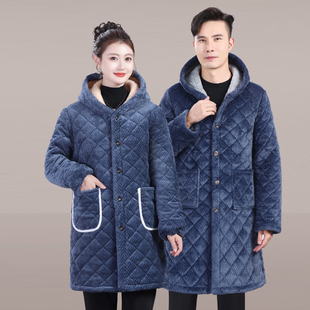 男女款冬季纯色连帽加绒加厚棉袄罩衣中长款棉服加长款家居工作服