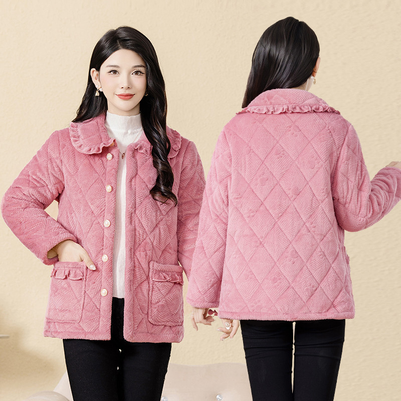 新款时尚加绒加厚棉服罩衣女娃娃领洋气居家服棉衣外套保暖棉袄