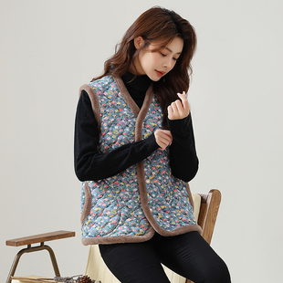 妈妈装新款中老年女装花色加绒加厚马夹秋冬季毛毛边坎肩保暖马甲