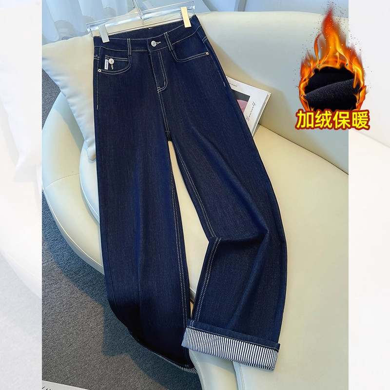 巨好看丹宁蓝加绒牛仔裤女新款