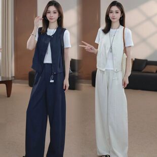 时尚套装女款夏季新款宽松显瘦马甲短袖T恤休闲阔腿裤减龄三件套