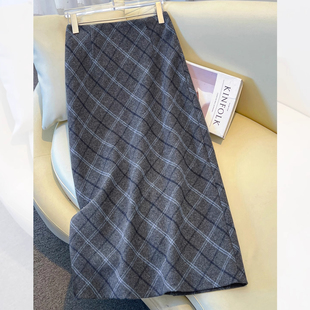 灰蓝格纹毛呢包臀半身裙女2025新款 a字直筒裙 秋冬高腰显瘦中长款