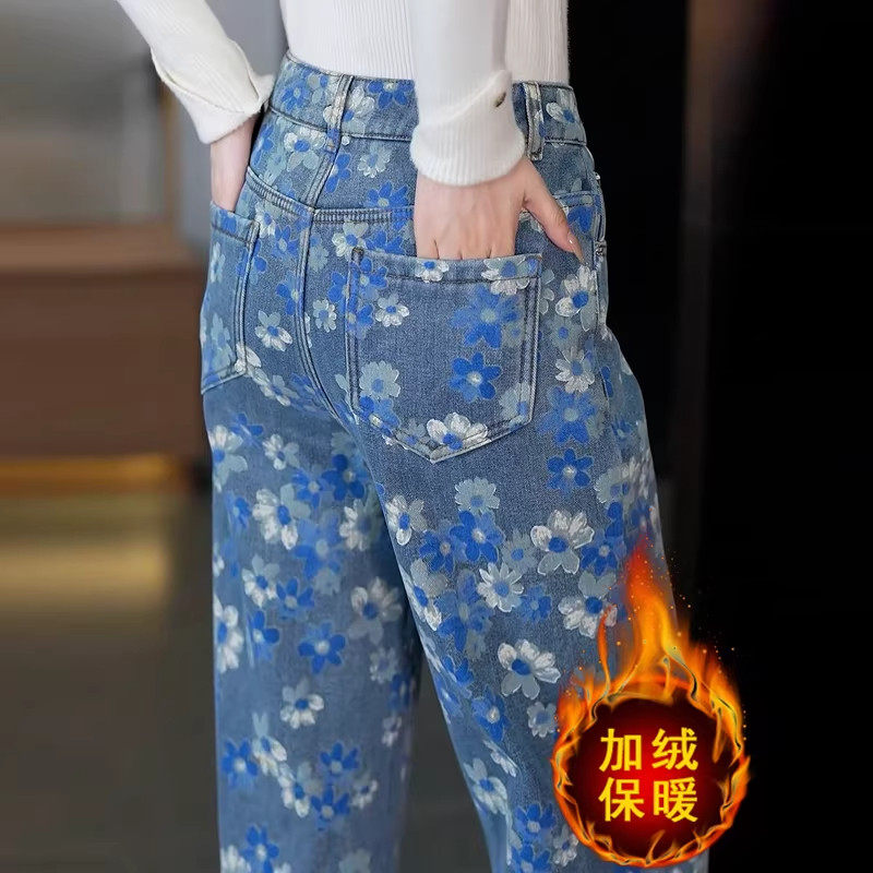 印花纯棉直筒牛仔裤女秋冬加绒加厚2025新款高腰休闲阔腿裤子冬季,女装/女士精品,大码裤装,淘宝优惠券,粉丝福利购,淘宝优惠卷