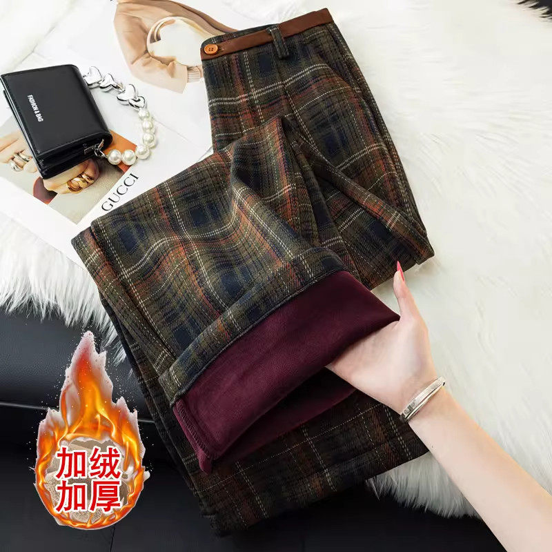 加绒加厚毛呢格纹阔腿裤女2026春秋季新款宽松直筒英伦风休闲裤子,女装/女士精品,大码裤装,淘宝优惠券,粉丝福利购,淘宝优惠卷