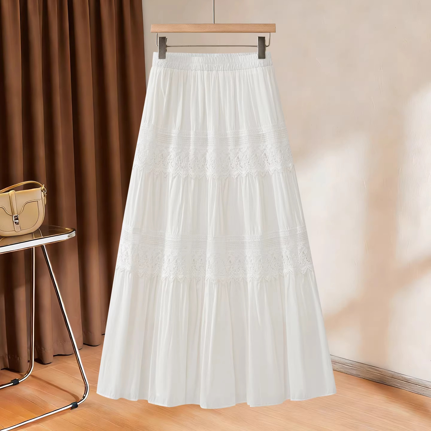 白色雪纺半身裙女春季2026新款高腰蕾丝拼接伞裙绝美百褶裙a字裙