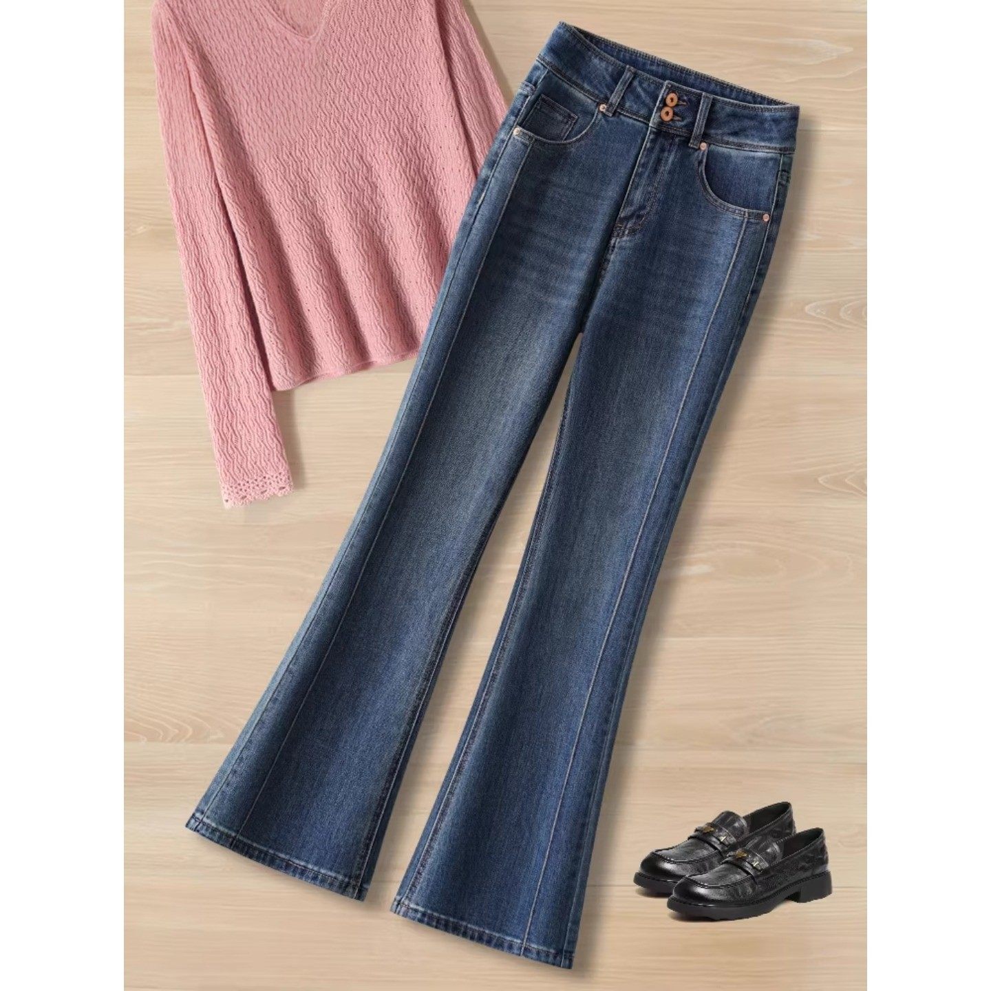 高端复古微喇牛仔裤女早春季2026新款加绒高腰垂感显瘦时尚喇叭裤,女装/女士精品,大码裤装,淘宝优惠券,粉丝福利购,淘宝优惠卷