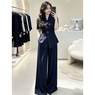 高级感时尚西装套装女夏季新款职业薄款短袖西服阔腿裤气质两件套