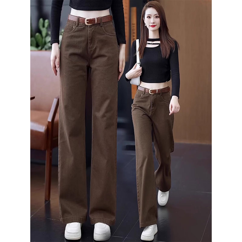 美拉德棕色高腰阔腿牛仔裤女