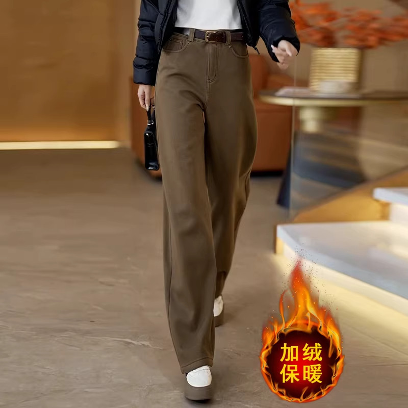 茶棕色弯刀牛仔裤女秋冬季2025新款流行爆款加绒高腰休闲香蕉裤子,女装/女士精品,大码裤装,淘宝优惠券,粉丝福利购,淘宝优惠卷