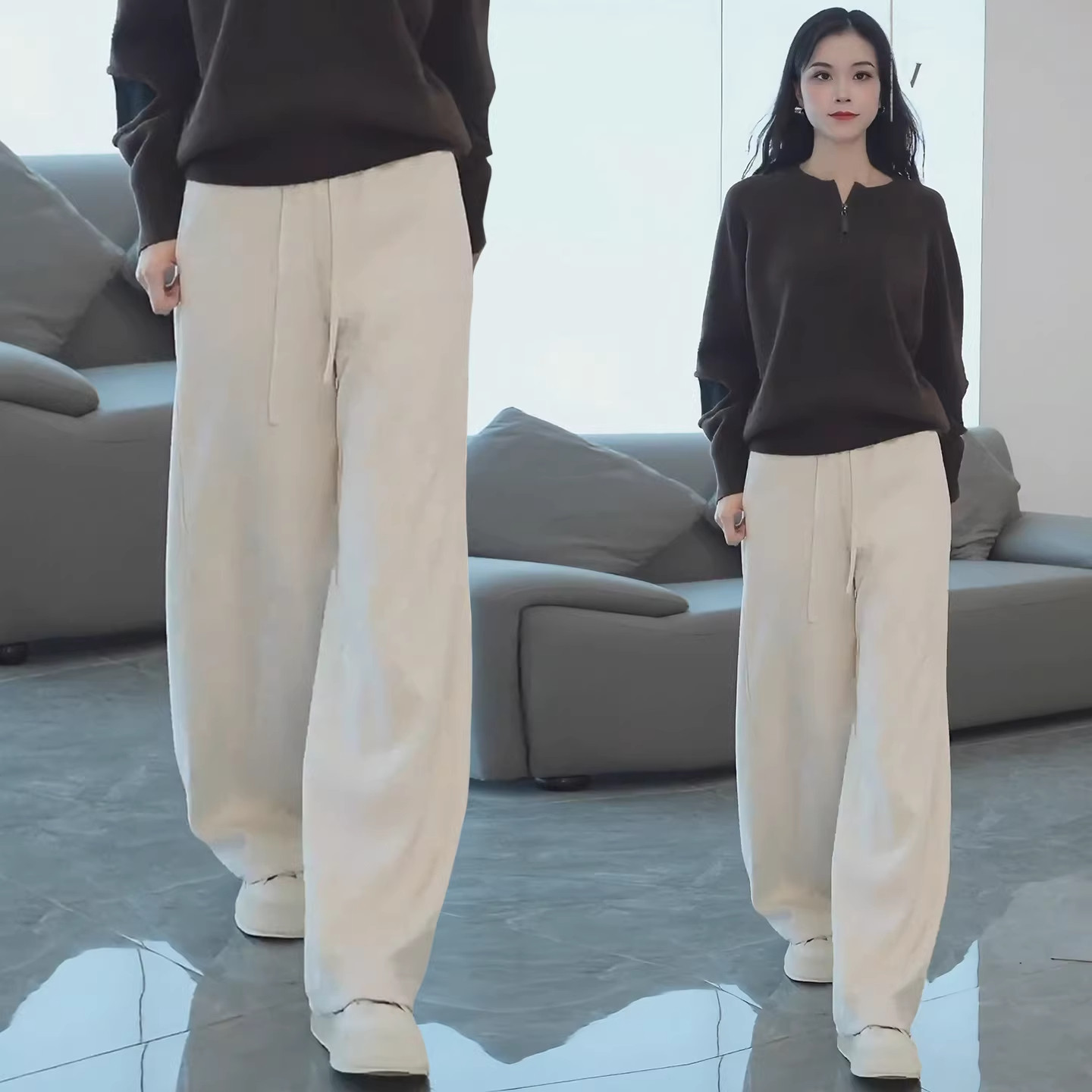 米白色毛呢直筒弯刀裤女春秋季裤子2026新款超好看卫裤休闲镰刀裤,女装/女士精品,大码裤装,淘宝优惠券,粉丝福利购,淘宝优惠卷