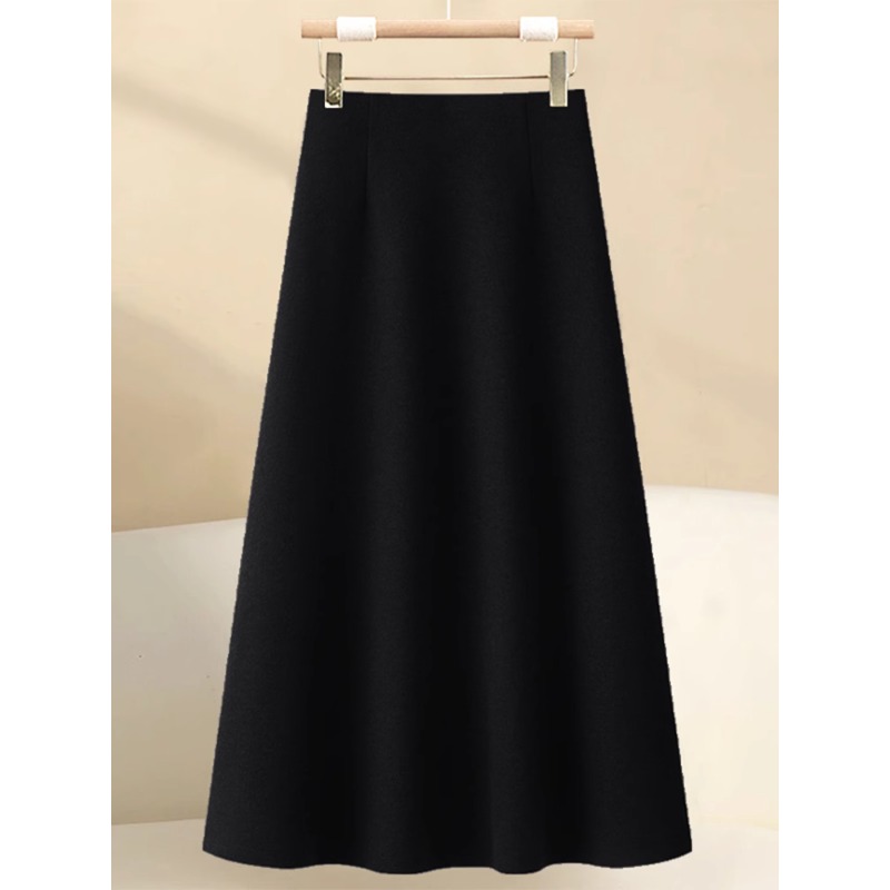 黑色中长款毛呢半身裙2025秋冬