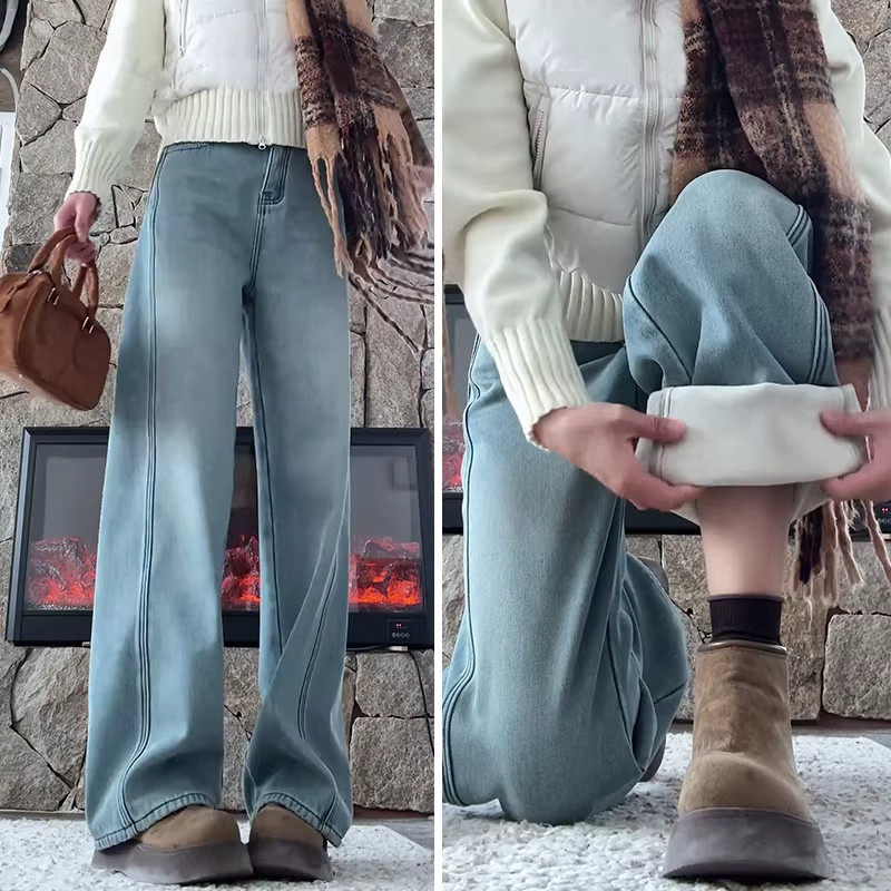超好看窄版直筒牛仔裤女2025新款冬季爆款加绒加厚水洗蓝阔腿裤子,女装/女士精品,大码裤装,淘宝优惠券,粉丝福利购,淘宝优惠卷