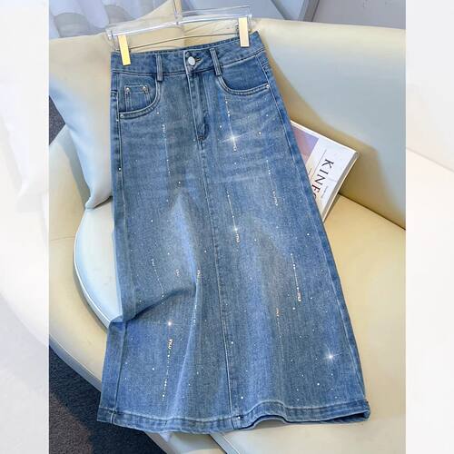 韩版设计感烫钻牛仔半身裙女春季