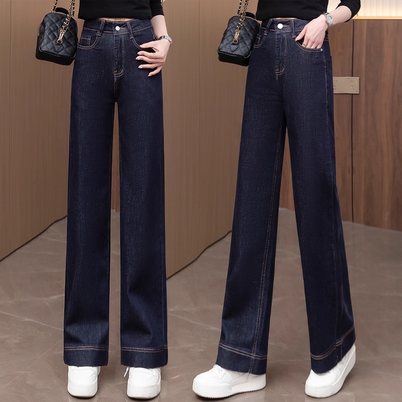 深蓝色高腰阔腿牛仔裤女2025秋冬
