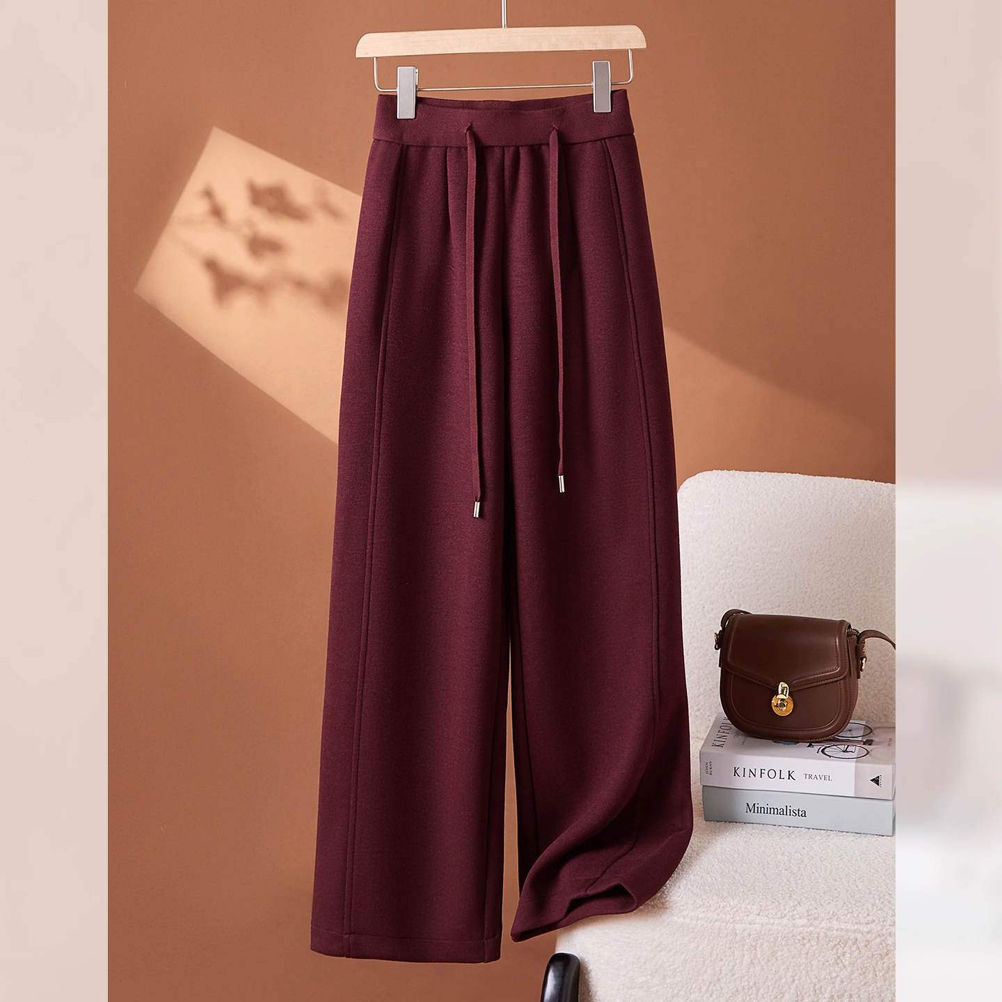 安可拉红羊绒阔腿裤女秋冬季新款