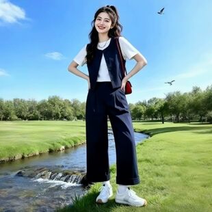 高级感时尚套装女士夏季新款小个子短袖T恤显瘦马甲阔腿裤三件套