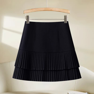 黑色百褶裙半身裙女秋冬季 高端拼接a字小个子毛呢短裙冬 2025新款
