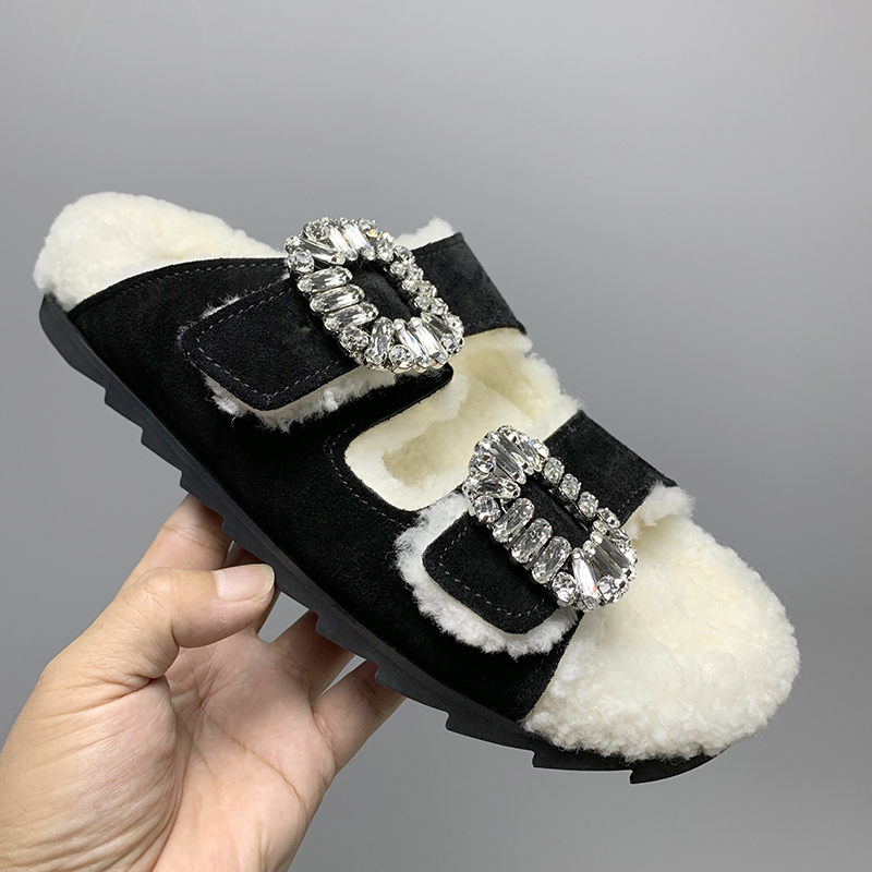 毛毛鞋水钻方扣真皮毛一体软底