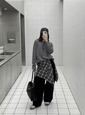 现货 韩系四季百搭休闲一片式叠穿遮胯显瘦磨毛格纹系带裙帘屁帘