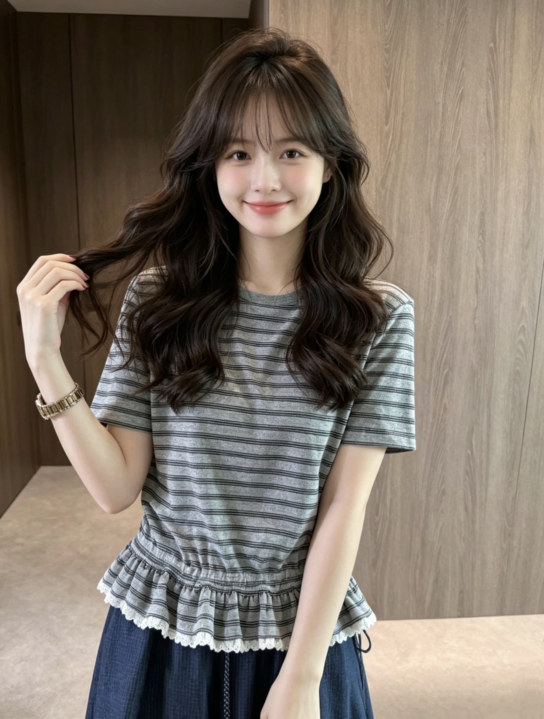现货 2026夏季新款韩版条纹短袖T恤女小众设计感系带花边宽松上衣