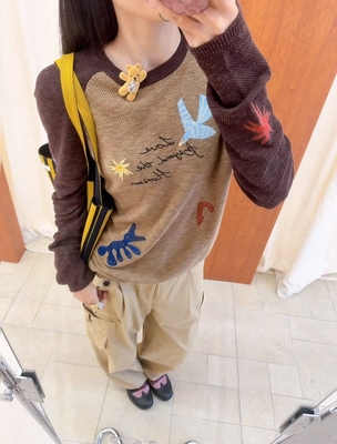 现货 【董洁同款】秋冬重工图腾撞色绣花针织插肩袖套头衫长袖女