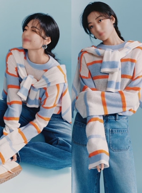 现货 韩系氛围感穿搭高级感巨好看减龄洋气慵懒风宽松条纹针织衫