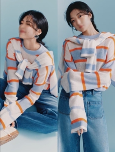 现货 韩系氛围感穿搭高级感巨好看减龄洋气慵懒风宽松条纹针织衫